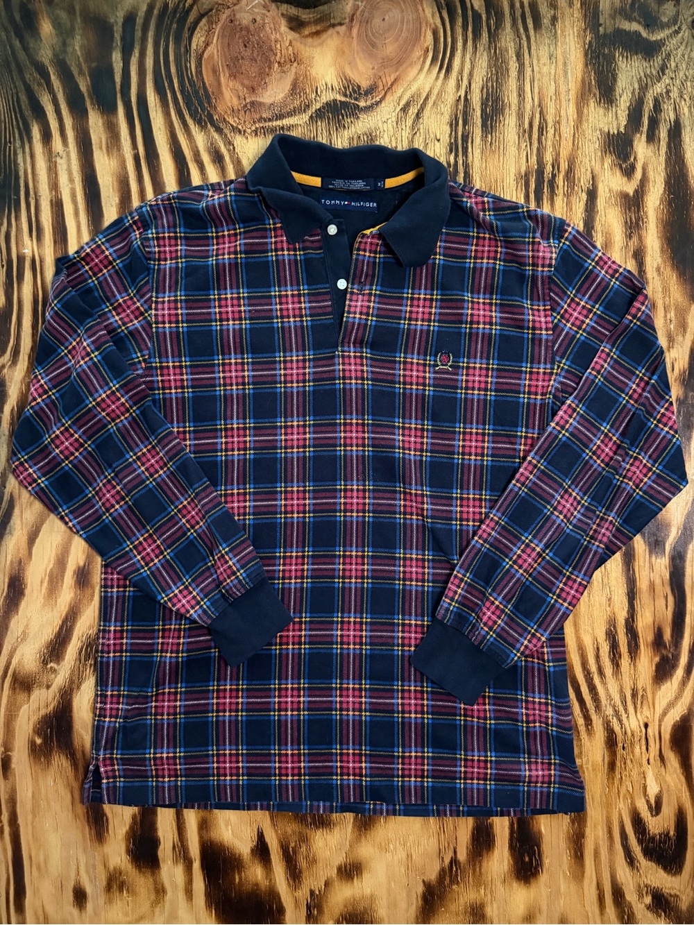 Tommy Hilfiger Navy & Red Plaid Long-Sleeve Polo Shirt
